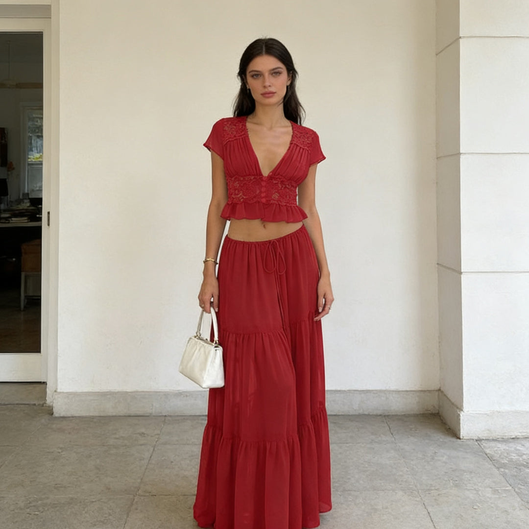 Damer Løs Maxi-Kjole med elegant rynking og cropped topp Skjora