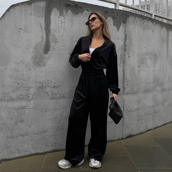 Kvinne Casual Fleece Jumpsuit med Høy Krage og Praktisk Glidelås Skjora