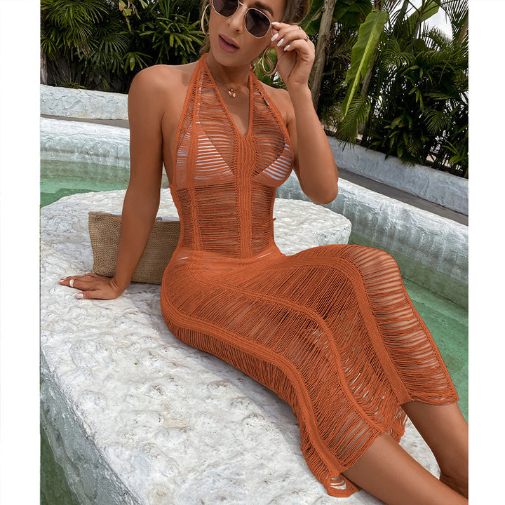 Damen Häkel-Strandkleid mit fransigen Elementen und hoher Taille Skjora