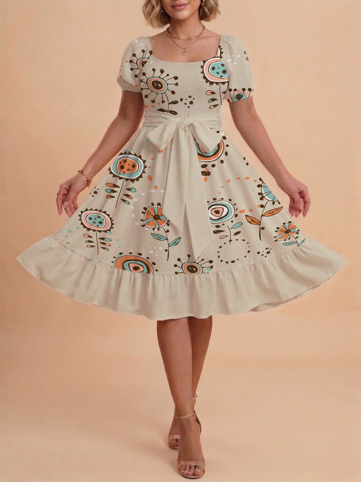 Damen Sommerkleid mit floralem Puffärmel und taillierbarem Gürtel Skjora
