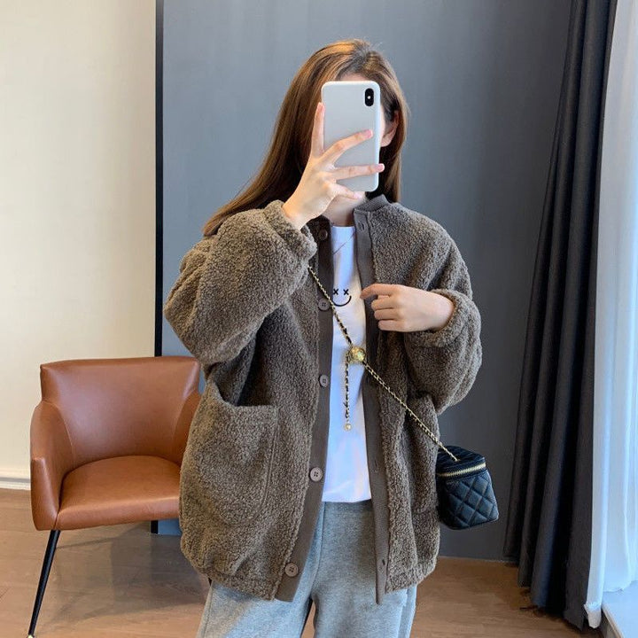 Kvinne Fluffy Oversized Jakke med Store Lommer