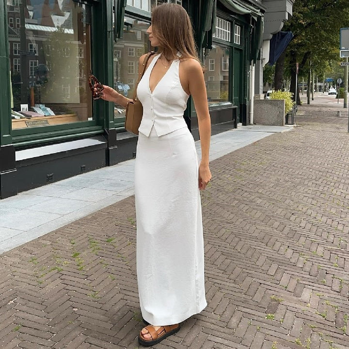 Damer Elegant Maxikjole med dyp V-hals og figursydd overdel Skjora