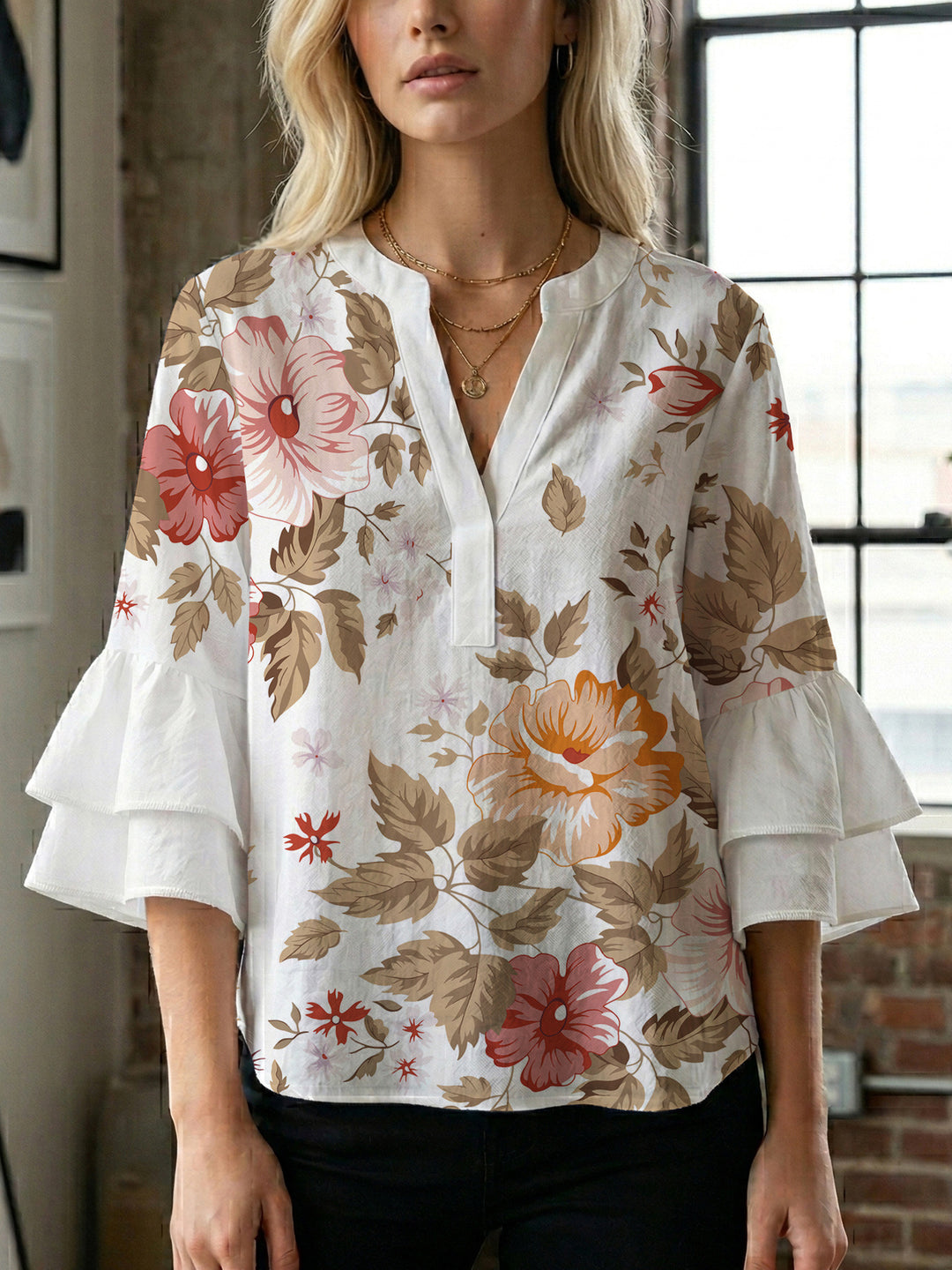 Damer Elegant topp med voluminøse rynkete ermer og blomstertrykk Skjora
