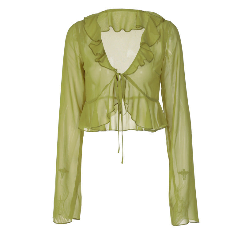 Damer Transparent Langermet Bluse med Volanger og Bindebelte Skjora
