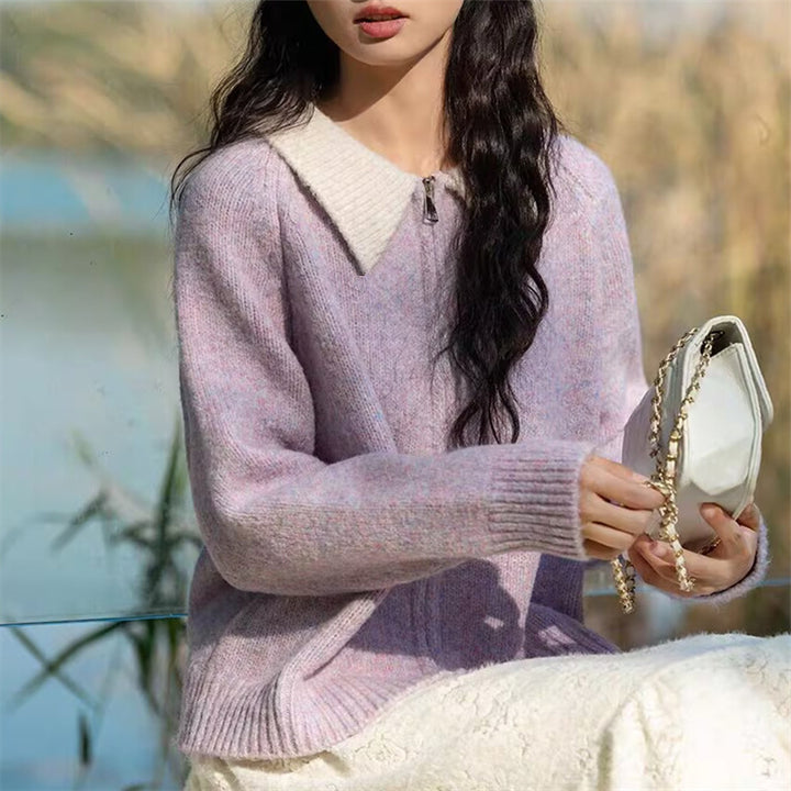 Dame cardigan med høy krage og asymmetrisk snitt Skjora