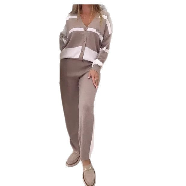 Kvinne Elegant Loungewear Sett med Knapp Front og Stripete Detaljer Skjora