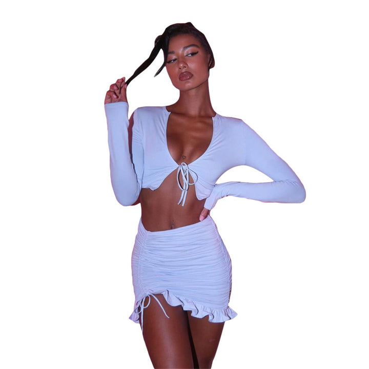 Kvinne Crop Top og Mini Skjørt Sett med Volanger og Romantisk Flounce Skjora