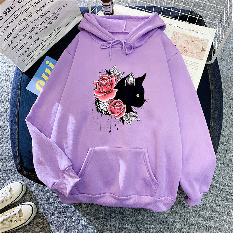 Dame hettegenser med blomstermotiv av katt Skjora