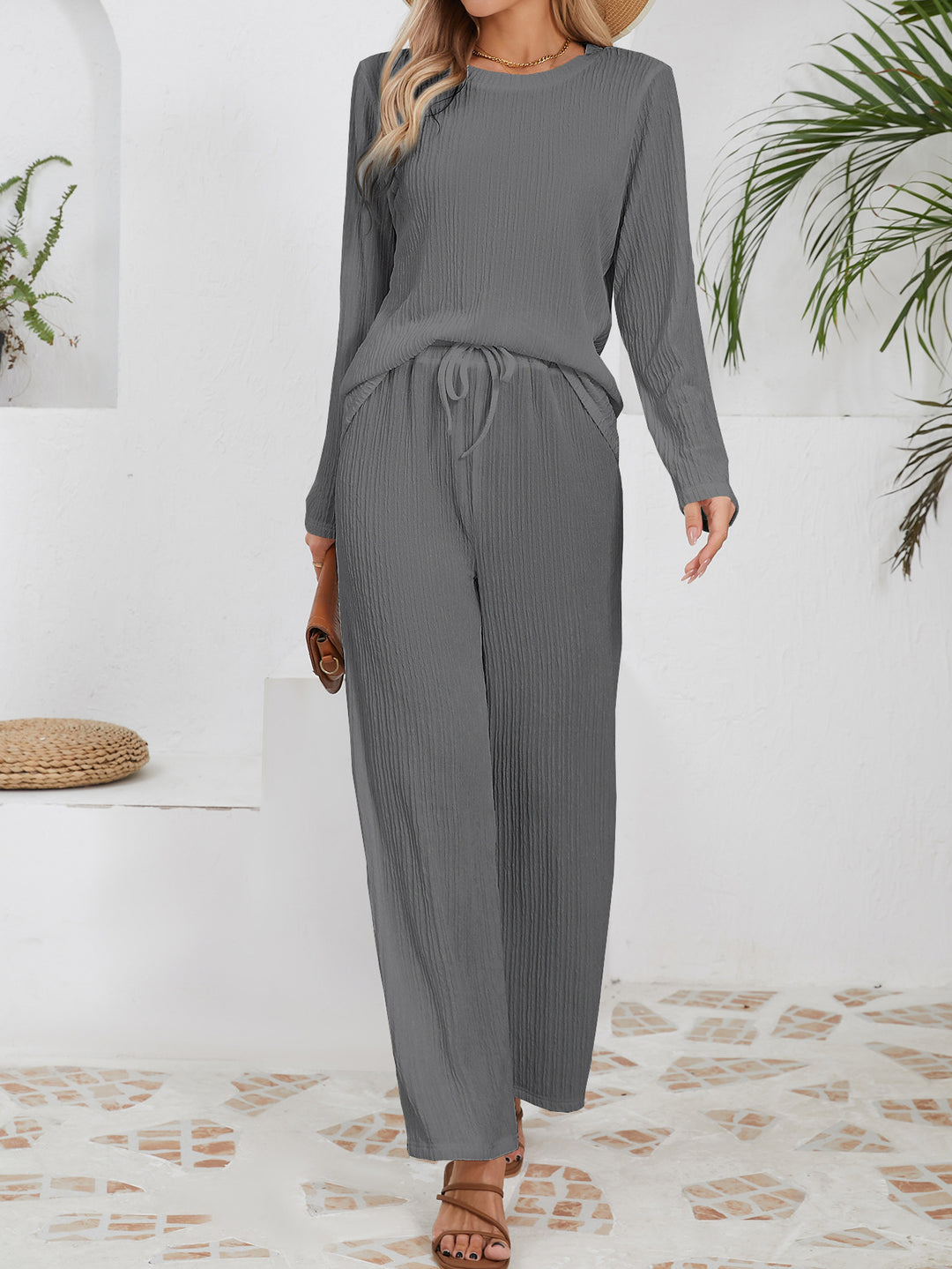 Kvinne Cozy Casual Fritidssett med Ribbet Tekstur og Elastisk Livlinje Skjora