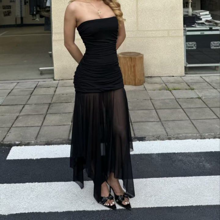Dame Bandeau Maxikjole med elegant rynking og gjennomsiktig skjørt Skjora