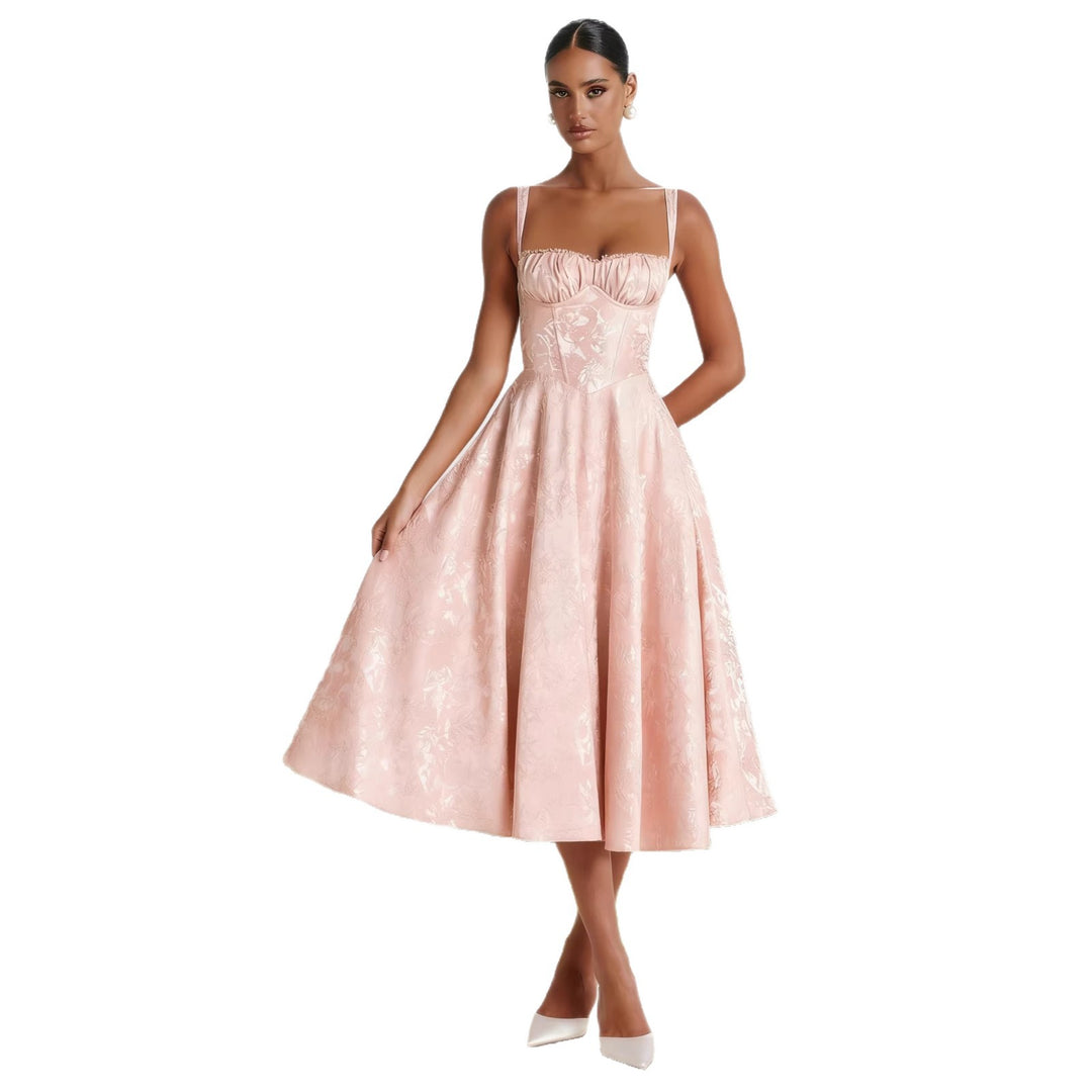 Kvinnemidi kjole med blomster jacquard og stilfull bustier topp Skjora