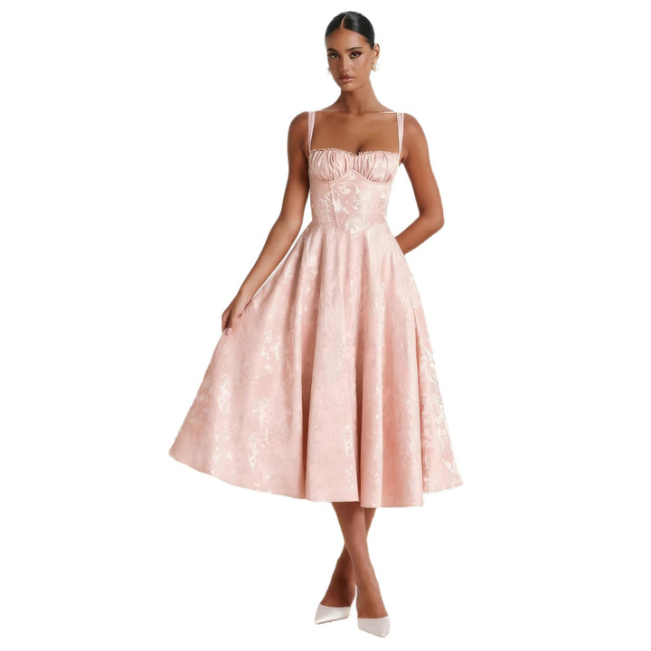 Kvinnemidi kjole med blomster jacquard og stilfull bustier topp Skjora