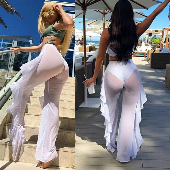 Damen transparente Strandhose mit asymmetrischem Rüschenbesatz Skjora
