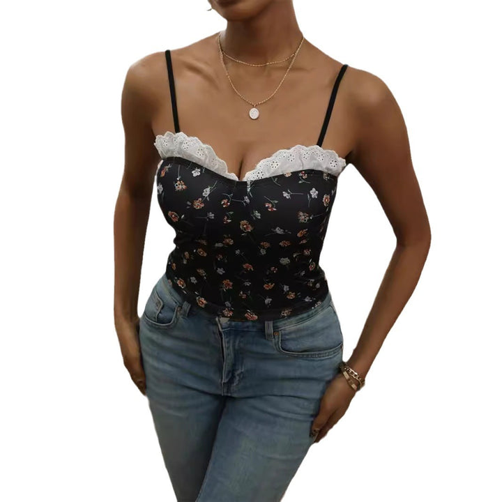 Dame spiss-cami-top med blomsterdesign Skjora