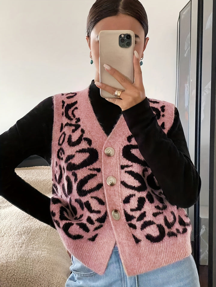 Damer strikket vest med elegant leopardmønster og høy kvalitet knapper Skjora