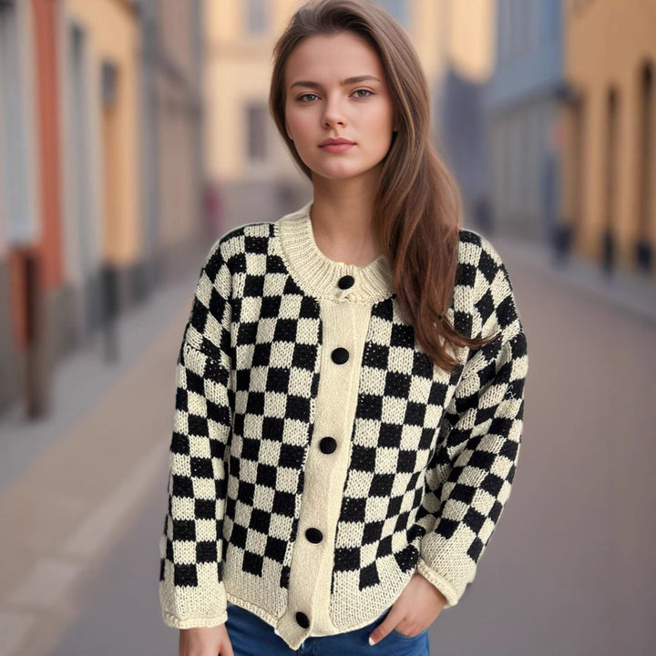 Kvinne mønstrede cardigan med store knapper og løs passform Skjora