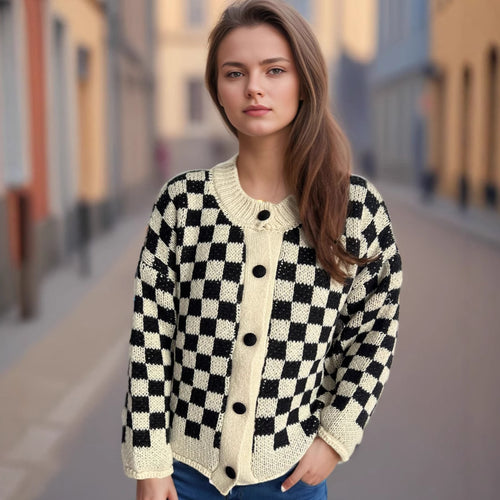 Kvinne mønstrede cardigan med store knapper og løs passform Skjora