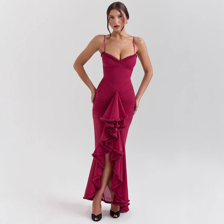 Kvinne bodycon kveldantrekk med volanger og sidesplit Skjora