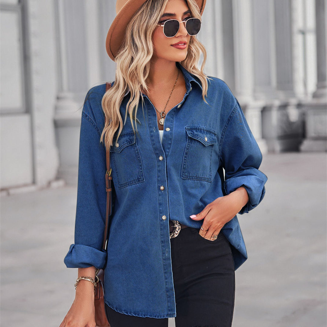 Kvinne Casual Denim Skjorte Bluse med Brystlommer Skjora
