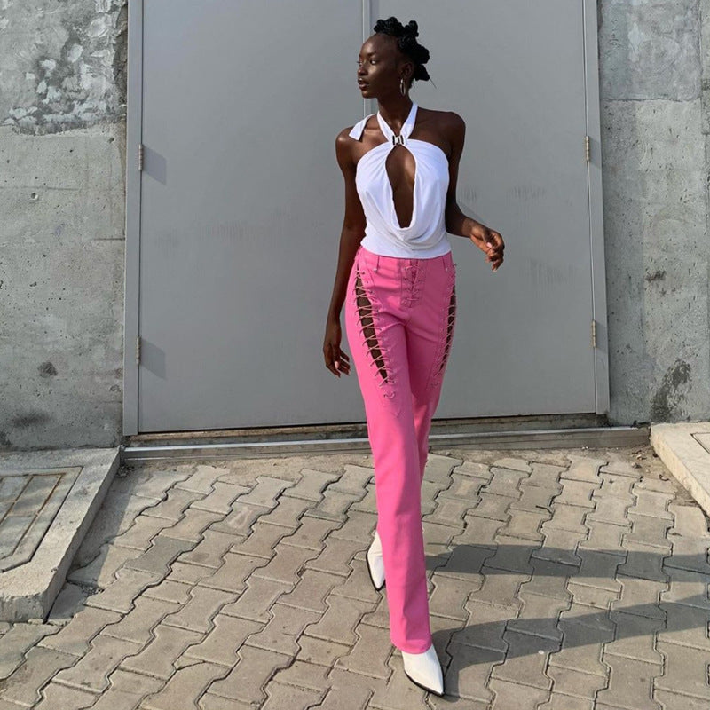 Dame Crop-Top med innovativt cut-out-design og lange ermer Skjora
