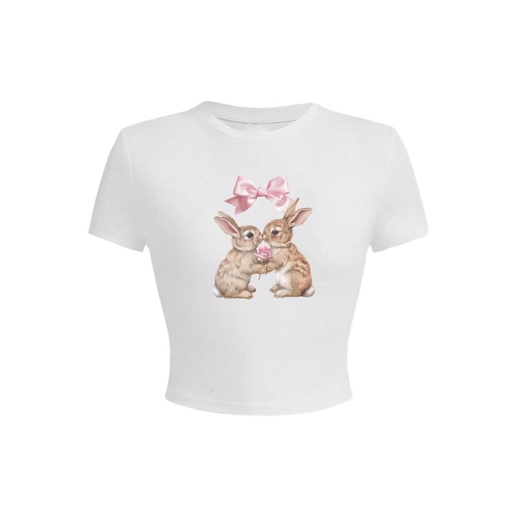Dame Crop-top med sjarmerende kaninmotiv og sløyfebruk Skjora