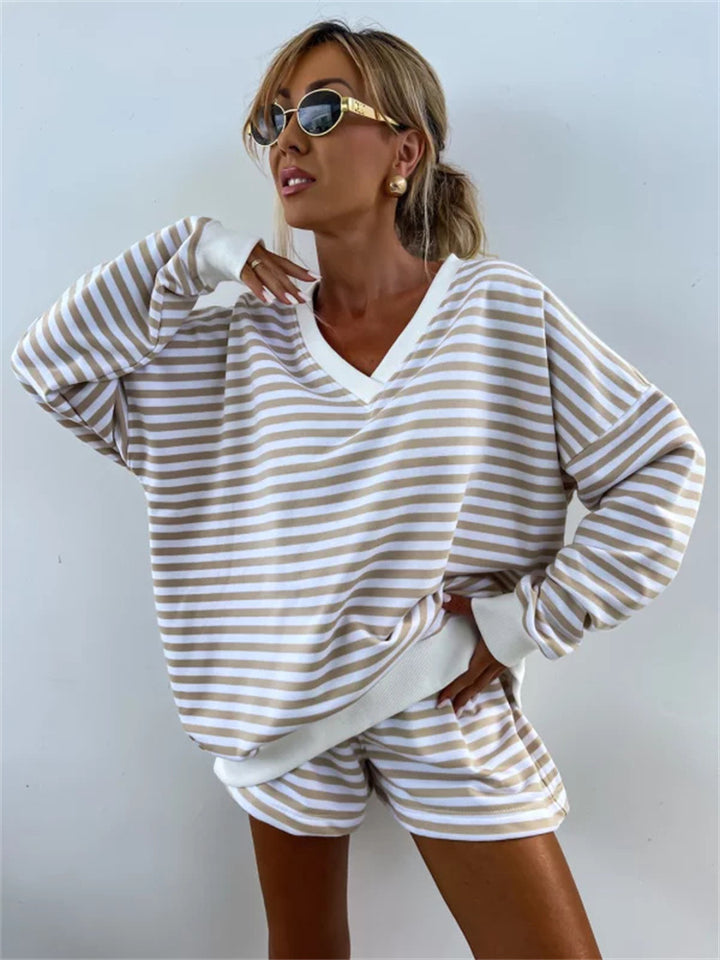 Kvinnes uformelle kortermet sett med maritimt striped mønster og elastisk midjeband