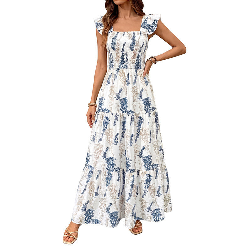 Dame Elegant Maxi Kjole med blomstertrykk og off-shoulder volangærmer Skjora