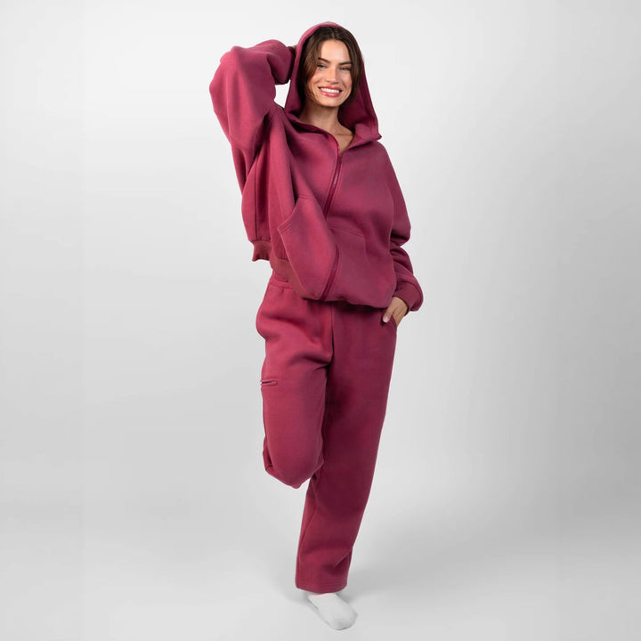 Kvinnenes casual fleece hettegenser og joggebukse-sett med glidelås og praktiske lommer