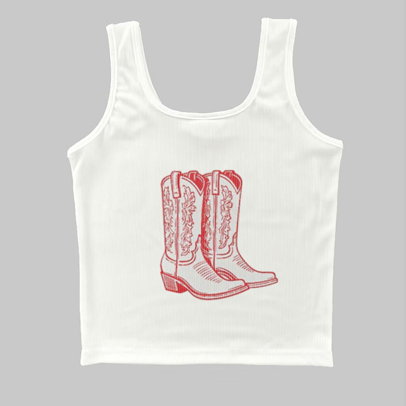 Dame ermeløs skjorte med nostalgisk cowboy-støvel-design Skjora