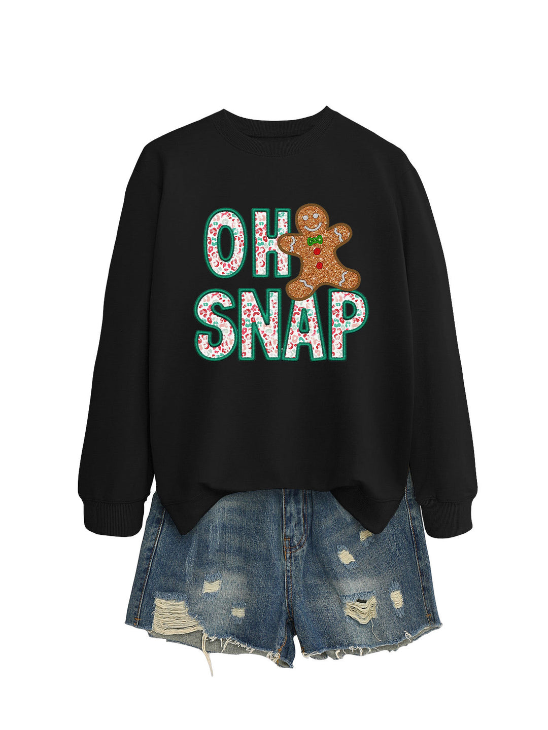 Dame sweatshirt med morsomt pepperkakemannmotiv og glitrende bokstaver Skjora