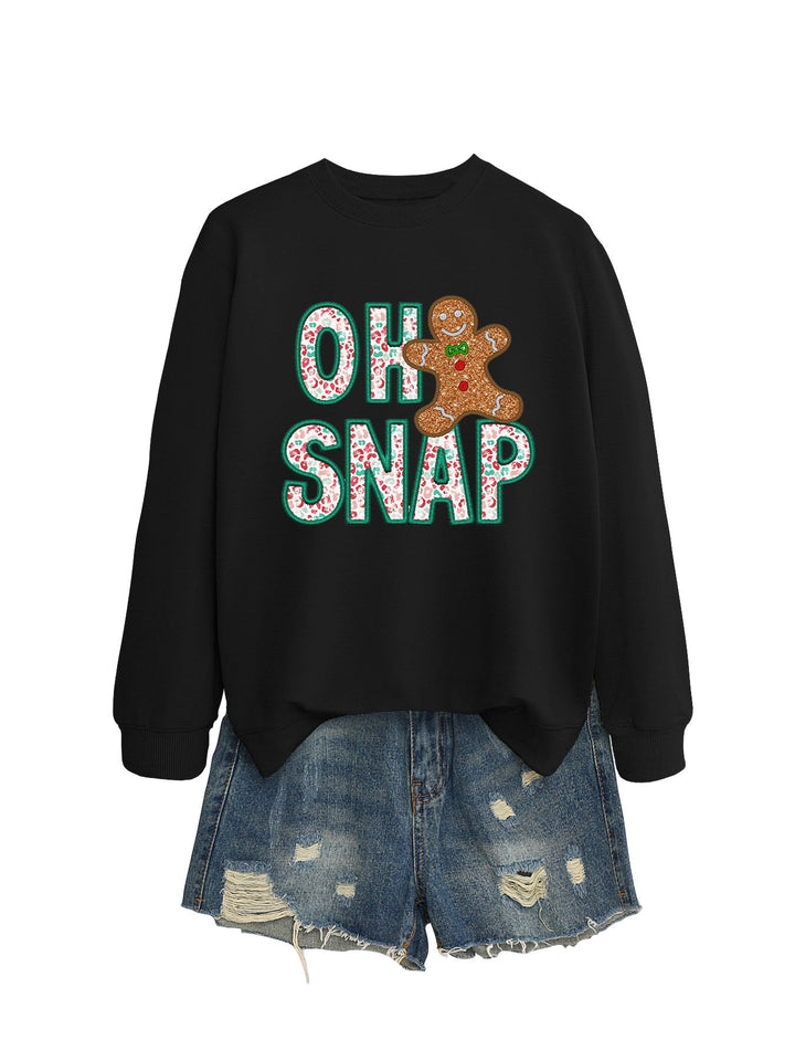 Dame sweatshirt med morsomt pepperkakemannmotiv og glitrende bokstaver Skjora