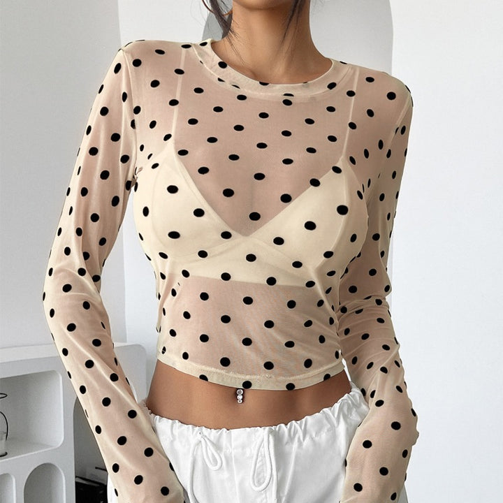 Dame Transparent Langermet Bluse med Dots Skjora