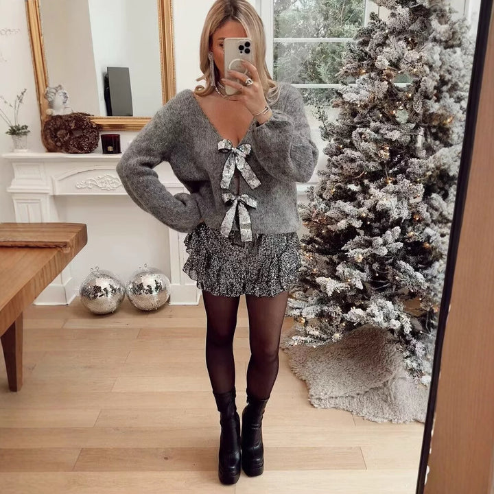 Kvinners Løs Strikket Cardigan med Elegante Sløyfedetaljer Skjora