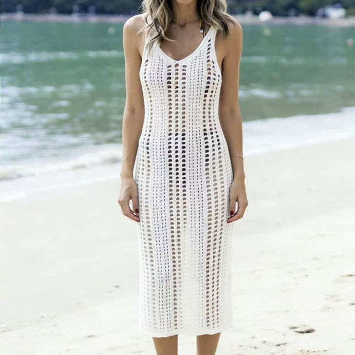 Damen Häkel-Maxikleid mit seitlichen Cut-Outs und elegantem V-Ausschnitt Skjora