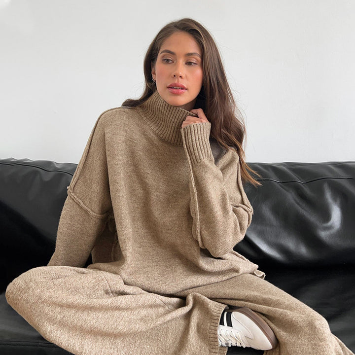Dame Elegant Strikk Ensemble med Høy Krage og Løs Passform Skjora