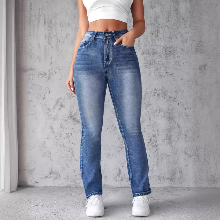 Kvinne Høyt Liv Stretch Jeans med Klippet Søm Skjora