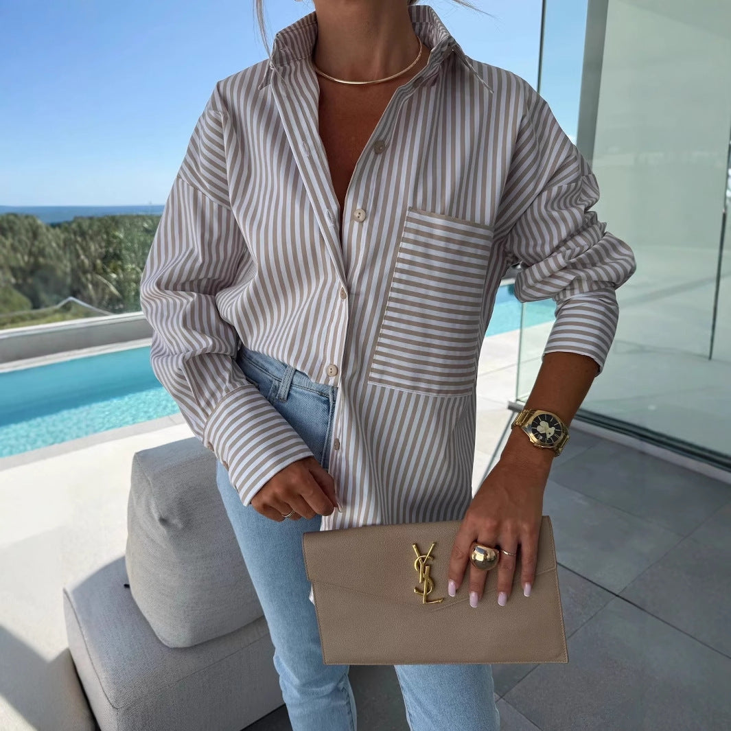 Kvinne casual skjorte bluse med klassisk stripemønster og pålagt brystlomme Skjora
