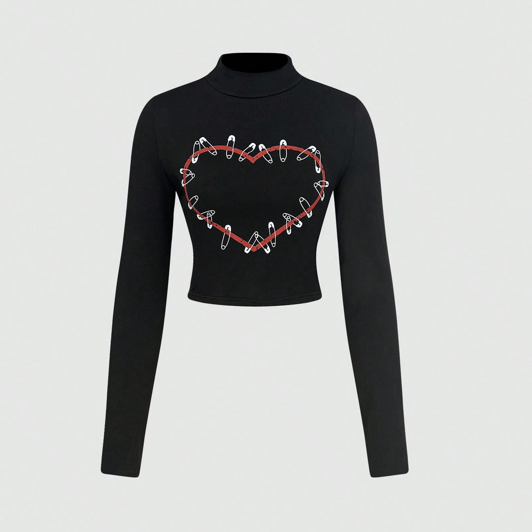 Kvinne Langermet Crop Topp med Kreativt Hjerte Design Skjora