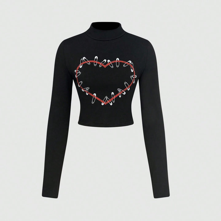 Kvinne Langermet Crop Topp med Kreativt Hjerte Design Skjora
