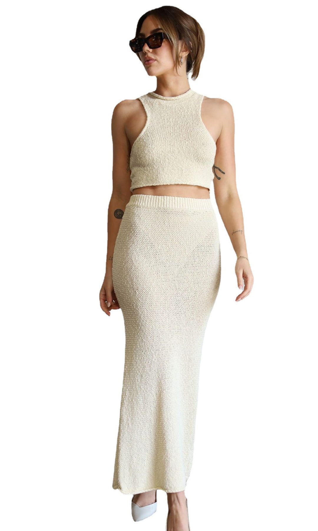 Damer elegant strikket crop-top og maxiskjørt-sett Skjora