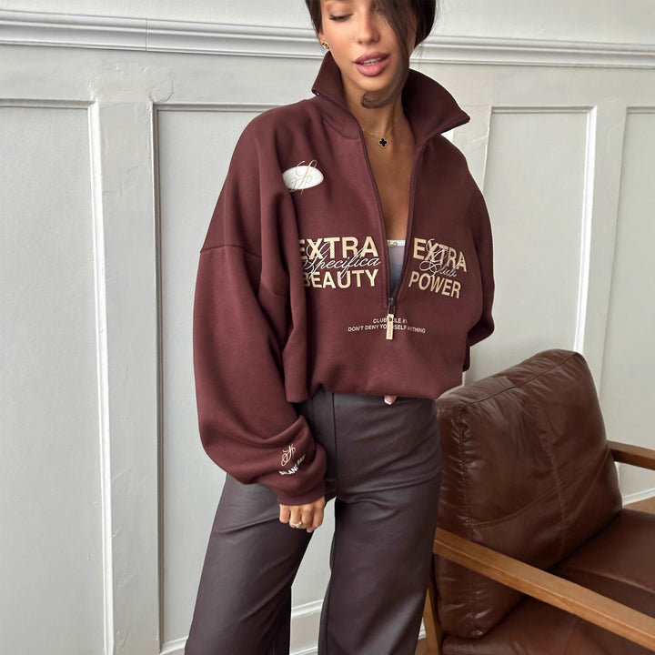 Damer Oversized Zip Genser med kreativ tekst og moderne design Skjora