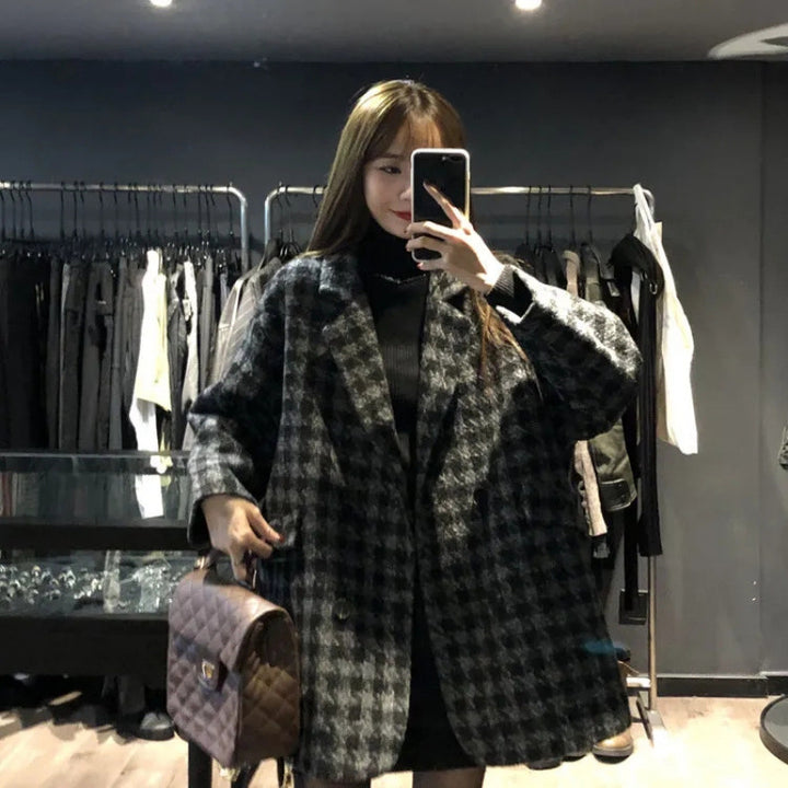 Dame Oversized Rutete Kåpe med Dobbel Knapplukking Skjora