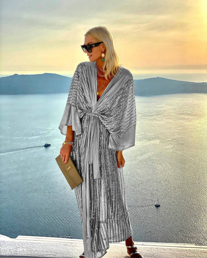 Kvinne Sparkling Maxi Kjole med Elegant Innpakning Design og Flytende Ermer Skjora