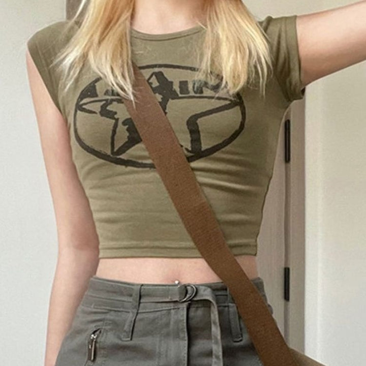 Ladies' Crop Top with Creative Graphic Print and Fitted Cut Skjora