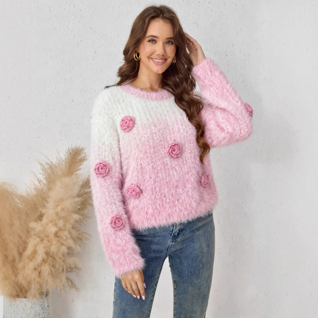 Kvinners fluffy strikkegenser med blomsterdesign Skjora