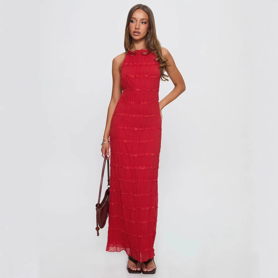 Dame maxikjole med off-shoulder design og flytende volanger Skjora