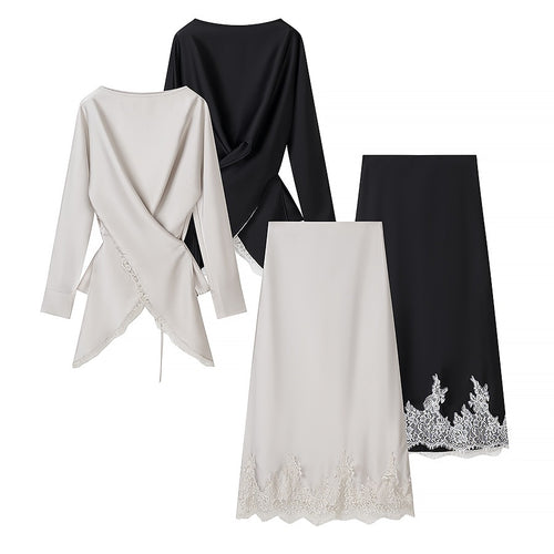 Damer elegant omslagsbluse med blondebesetning og matchende skjørt Skjora