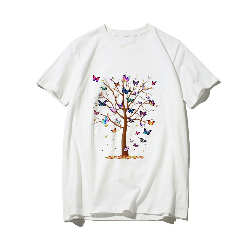 Dame T-skjorte med kreativ sommerfugl-design og tre-motiv Skjora