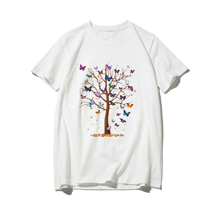 Dame T-skjorte med kreativ sommerfugl-design og tre-motiv Skjora