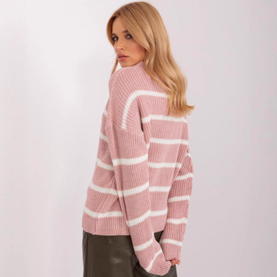 Kvinnes chunky strikkegenser med uformelt stripemønster og rund hals Skjora